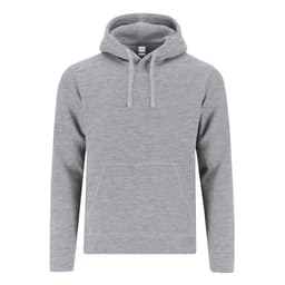 A grey hoodie with a front pocket and drawstring hood, featuring a logo.