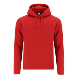 A vibrant red hoodie with a drawstring hood and a front pocket. It features a logo on the label.