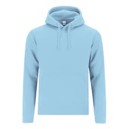 A light blue hoodie with a front pocket and a hood, featuring a logo on the chest area.