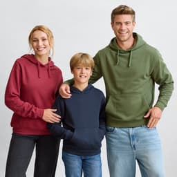 A green hoodie, a burgundy hoodie, and a navy blue hoodie are worn by a woman, a boy, and a man.
