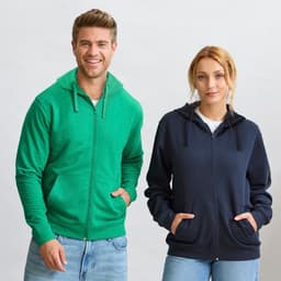 A green and a navy hoodie with zippers and pockets, worn by a man and a woman. Both hoodies have hoods.