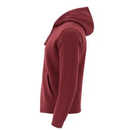 A maroon hoodie with a kangaroo pocket and a hood, featuring a logo on the front side.