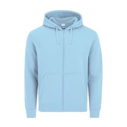 A light blue zip-up hoodie with a hood and front pockets, featuring branding.