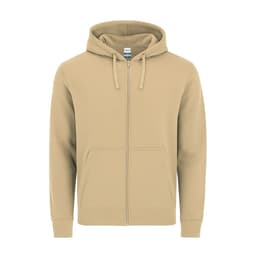 A beige zip-up hoodie featuring a hood and front pockets, with a logo on the label.