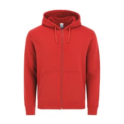 A red hoodie with a zip front, drawstrings, and two front pockets. It features a logo on the label.