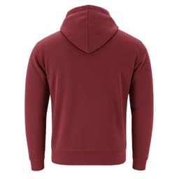 A maroon hoodie featuring a kangaroo pocket and a hood. Includes a branding logo on the garment.