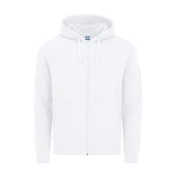 A white zip-up hoodie featuring a hood and front pockets, with a logo on the label.