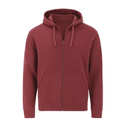 A burgundy zip-up hoodie featuring a hood and front pockets, with branding on the garment.