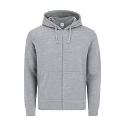 A grey zip-up hoodie featuring a hood and front pockets, with a brand logo on the label.