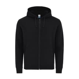 A black zip-up hoodie featuring a front pouch pocket and a drawstring hood. It includes a branded logo.