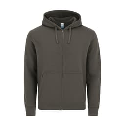A zip-up hoodie in a dark olive green colour with a front pocket and a hood. It features a logo.