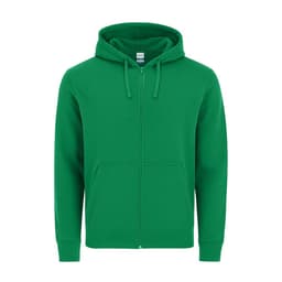 A green hoodie featuring a front zip, adjustable drawstrings, and a pouch pocket. It has a logo on the label.