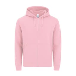 A pink zip-up hoodie with a front pocket and a drawstring hood, featuring a logo.