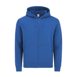 A blue zip-up hoodie with a hood and front pockets, featuring a logo on the chest area.