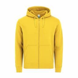 A yellow zip-up hoodie with a front pocket and a hood, featuring a small logo on the label.