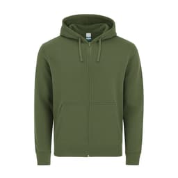A green zip-up hoodie featuring a hood and front pockets, with a branding logo on the label.