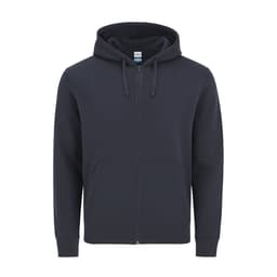 A dark navy hoodie with a front zip, drawstrings, and a front pocket, featuring a brand logo.