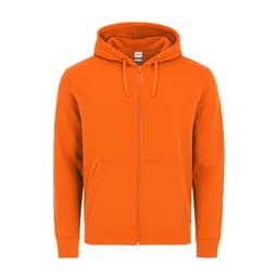 An orange zip-up hoodie with a hood and front pockets, featuring a logo on the label.