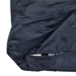 A navy blue puffer jacket featuring a zipped pocket, with a smooth, shiny finish and a logo.