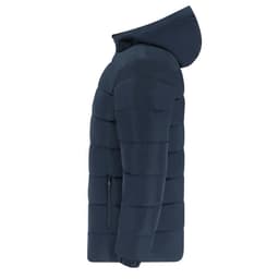 A puffer jacket in navy blue with a hood, featuring quilted sections and a side zipper pocket.
