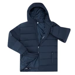 A navy puffer jacket featuring a hood, zippered pockets, and elastic cuffs. The jacket has a contemporary design and branding.
