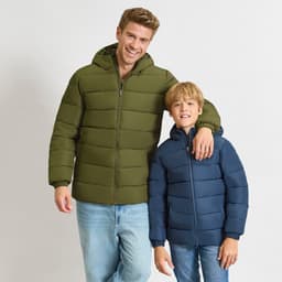 A green puffer jacket on an adult and a blue puffer jacket on a child, both featuring hoods and a logo.