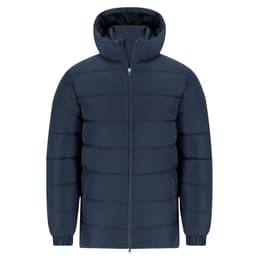 A navy blue puffer jacket with a hood, featuring a zip front and side pockets, and a logo on the chest.