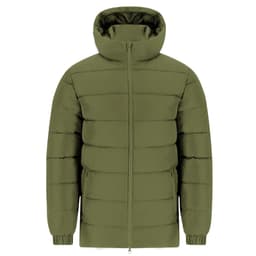 A puffer jacket in olive green with a zip front, high collar, and ribbed cuffs. It features a logo on the surface.
