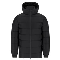 A black puffer jacket featuring a zip-up front and a hood, with a sleek, quilted design and side pockets.