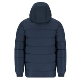 A navy puffer jacket featuring a hood and a quilted design. Includes a logo on the fabric.