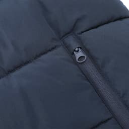 A black puffer jacket featuring a zip closure and a quilted design. It has a logo on the fabric.