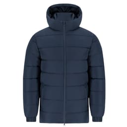 A puffer jacket in navy blue with a high collar and zippered front, featuring horizontal quilted panels.