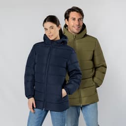 A navy puffer jacket and an olive green puffer jacket with hoods, worn by models, feature a smooth design and branding.
