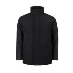 A puffer jacket in black with a high collar and side pockets, featuring a simple logo.
