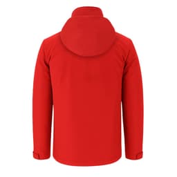 A red puffer jacket with a hood, featuring a plain design and a logo on the back.