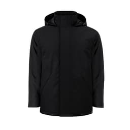 A puffer jacket in black with a hood and zippered front, featuring pockets and a brand logo.