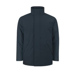 A navy puffer jacket with a high collar and side pockets, featuring a logo on the front.