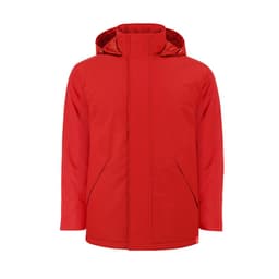 A puffer jacket in vibrant red, featuring a hood and zippered pockets, with a logo detail. 