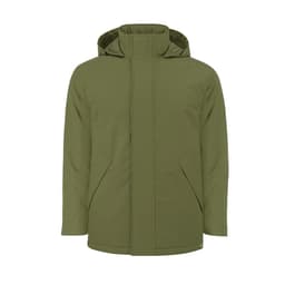 A puffer jacket in olive green with a hood and side pockets, featuring a logo.