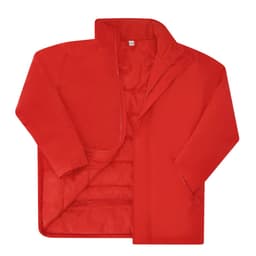 A red puffer jacket with a zip front and long sleeves, featuring an internal pocket and a logo.