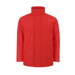 A red puffer jacket featuring a high collar and front zip. It includes a logo on the design.