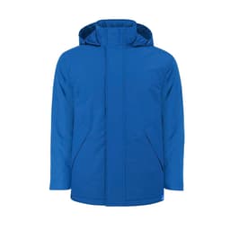 A puffer jacket in solid blue with a hood and zippered front pockets, featuring a logo on the chest area.