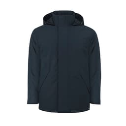 A puffer jacket in navy blue with a hood and front zip, featuring side pockets and a logo.