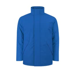 A blue puffer jacket with a high collar and two side pockets. It features a logo on the design.