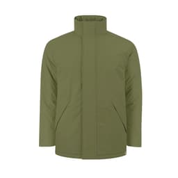 A puffer jacket in olive green with a high collar and side pockets, featuring a logo.