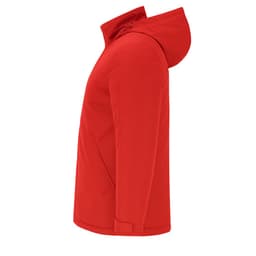 A puffer jacket in bright red with a hood, featuring a sleek side profile. It has a logo on the surface.
