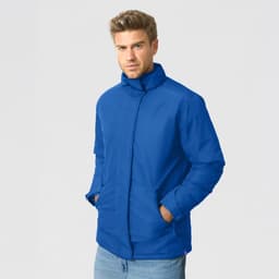 A puffer jacket in bright blue, featuring a high collar and side pockets, with a logo on the chest.