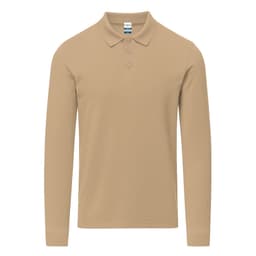A beige long-sleeve polo shirt with a collar and three buttons, featuring a logo on the chest.