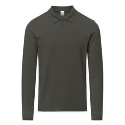 A long-sleeve polo shirt in a dark olive green, featuring a collar and three buttons, with a logo on the label.