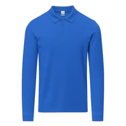 A long-sleeve polo shirt in a vibrant blue colour. It features a classic collar and a placket with buttons.